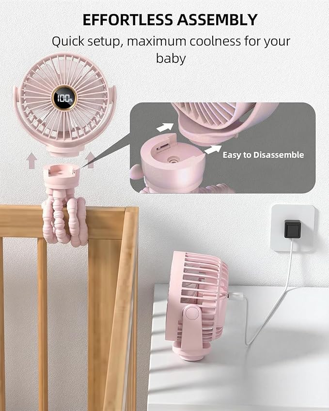 Portable Stroller Mini Fan, Small Rechargeable Personal Cooler w/ 360° Rotation, 3-Speed, Display, Battery Powered Stroller Accessories, Baby Essentials for Car Seat, Crib, Bike, Treadmill, Sakura - Image 6