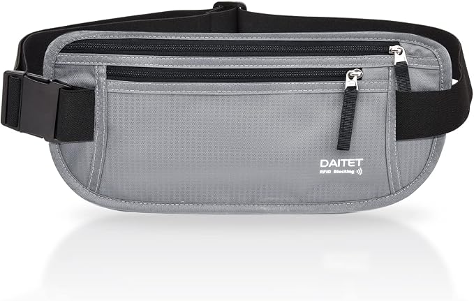 RFID Blocking Money Belt for Men Women, Slim Fanny Pack For Travel，Running,Conceal Waist Wallet For Passport Holder,Phone,Cash(Black Light Grey) by DAITET