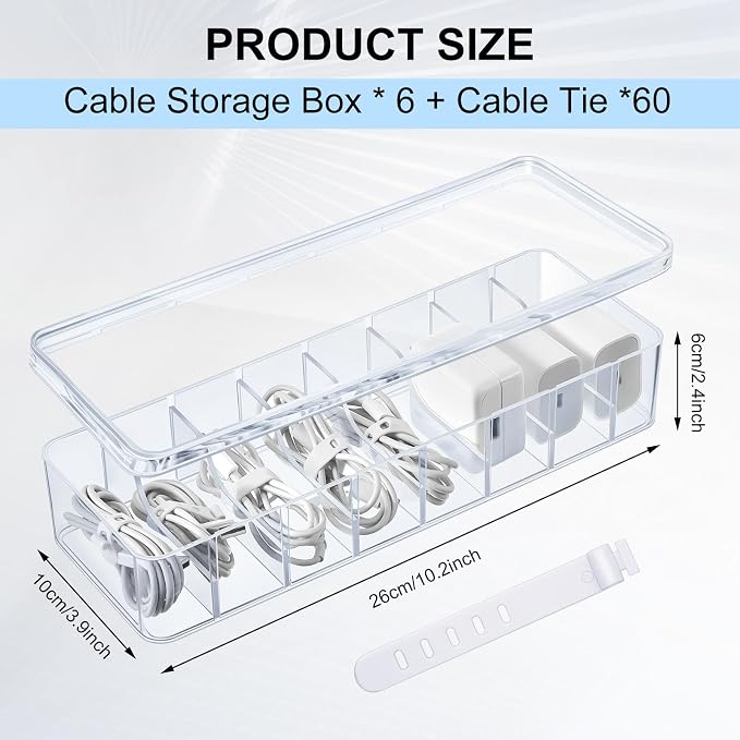 Tatuo 6 Pcs Cord Organizer for Drawer Desktop, Cable Organizer Box with 8 Compartments and Wire Ties, Plastic Charger Storage with Lid, Electronics Case for Home Office Accessories (Small,Clear) - Image 2