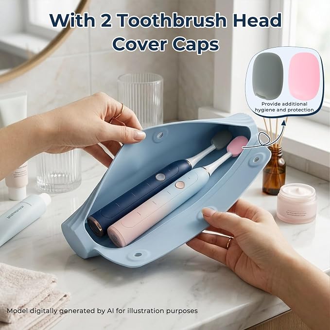 Electric Toothbrush Travel Case with 2 Head Covers, Blue | Waterproof Silicone Case Protects Your Electric Toothbrush During Travel, Gym Visits and Business Trips - Image 5