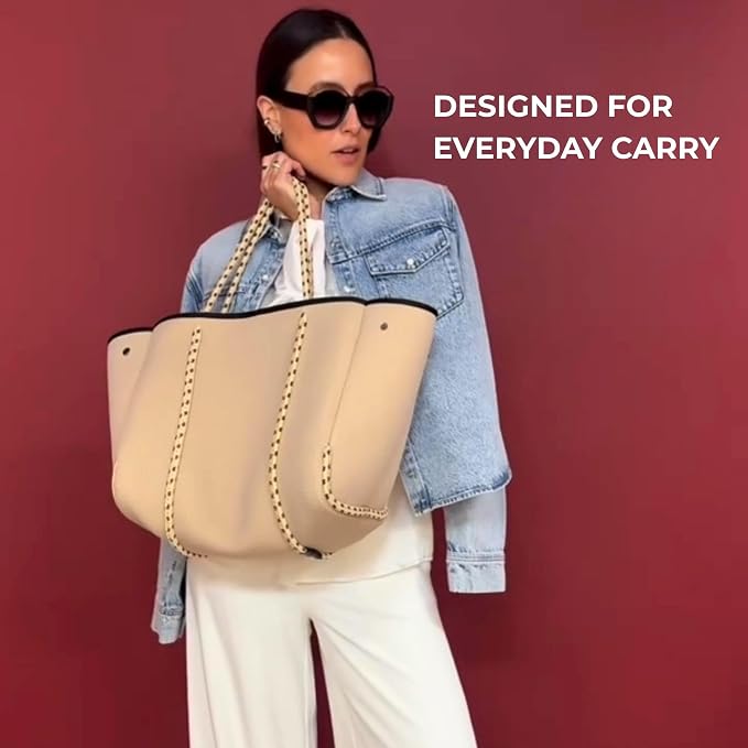 POPUPS Large Neoprene Tote Bag for Women - Everyday Designer Handbag for Travel Work and Beach with Pockets and Zipper Pouch - Image 6