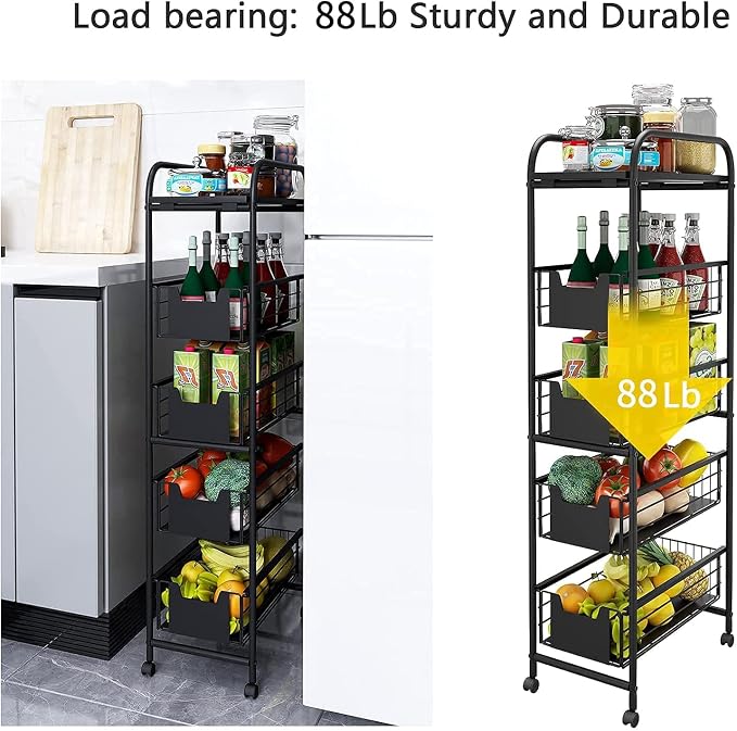 WHIFEA 5 Tier Slim Rolling Cart with Pull-Out Drawers, Multi-Layer Narrow Storage Shelf Organizer on Wheels, Metal Wire Baskets for Fruit, Dishes, Freestanding Unit for Kitchen, Bathroom, Home Office - Image 5