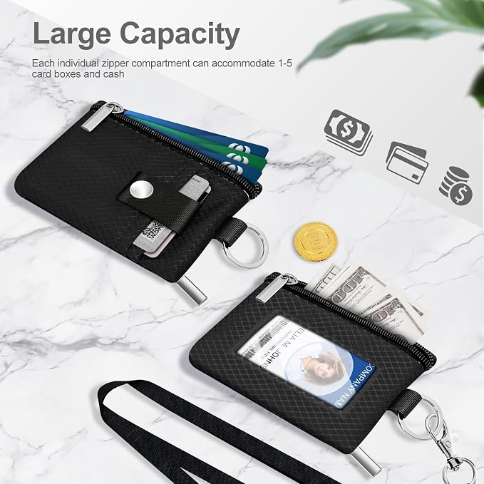 Minimalist RFID Blocking Small Wallet with ID Window,WaterResistant Zip Id Case Wallet with Lanyard Keychain for Cards,Cash,Travel,Women,Men (Black) - Image 7