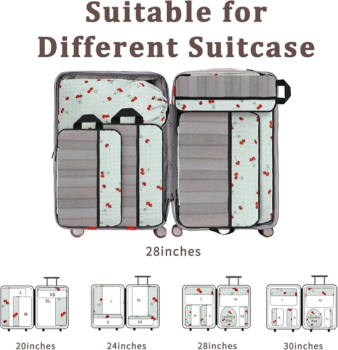 U+U 6 Set Compression Packing Cubes, Travel Organizers (Sage Green Cherry) | Space-Saving & Drawstring Bag Included - Image 6