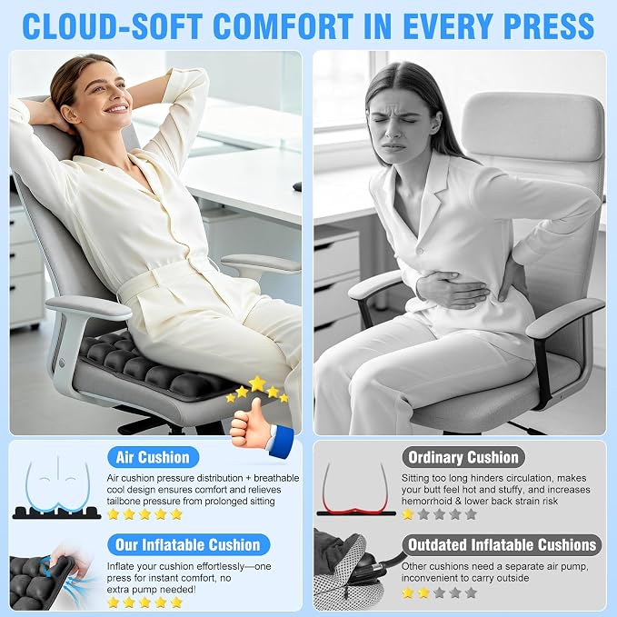 Travel Seat Cushion for Airplane, 3D Inflatable Cushion Non-Skid | Adjustable Air Cushion for Coccyx Tailbone Pain Relief, For Airplane, Car Seat, Office Chair, Wheelchair, Stadium Use - Image 3