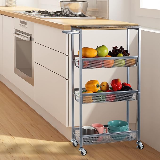 Slim Storage Cart, Metal Narrow Rolling Storage Cart for Kitchen, Silver | Wooden Top, Metal Handle, on Wheels, Shelving Unit for Small Space, Easy to Install. - Image 4