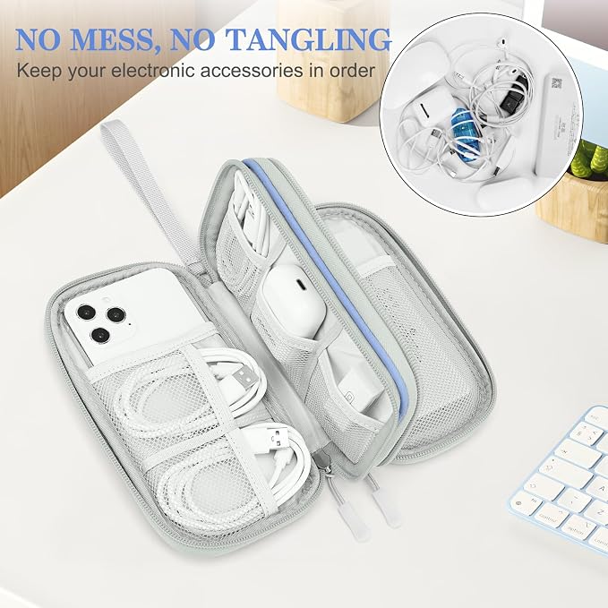 FYY Electronic Organizer, Travel Tech Pouch, Cable Organizer Blue Quilted | Wrist Strap, Waterproof, Double Layers Portable Electronics Travel Carrying Case for Cord, Charger, Daily Business Trips Use - Image 5