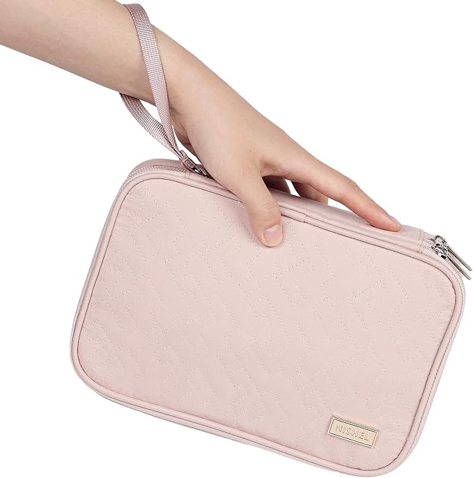 NISHEL Electronics Travel Organizer Cord Case, Charger Cable Tech Bag | Double-layer bag keeps chargers, cables, flash drive, and small tech essentials organized for trip, Large, Pink - Image 3