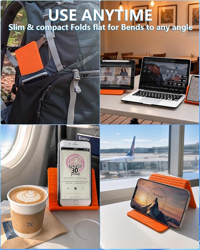 Airplane Phone Holder 2 Pack (Black+Orange), Flexible Silicone Aluminum Foldable Phone Stand, Travel Essentials & 0.12" Ultra-Thin Desktop Mount for iPhone, Flight, Bed, Office, Treadmill - Image 2