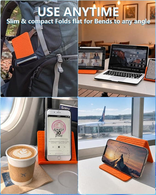 Airplane Phone Holder 2 Pack (Black+Orange), Flexible Silicone Aluminum Foldable Phone Stand, Travel Essentials & 0.12" Ultra-Thin Desktop Mount for iPhone, Flight, Bed, Office, Treadmill - Image 2