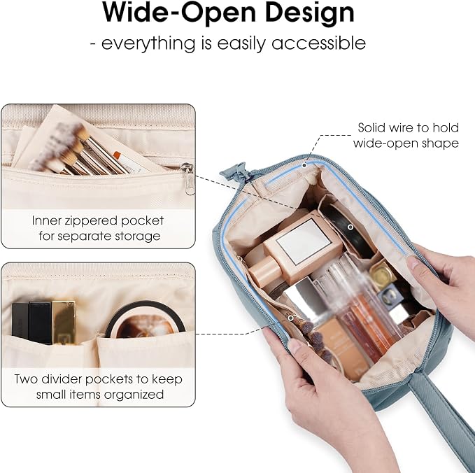 Narwey Wide-open Makeup Bag Women Make up Bag Travel Cosmetic Bag Organizer Toiletry Bag for Cosmetics Toiletries Accessories (Greyish Blue) - Image 2