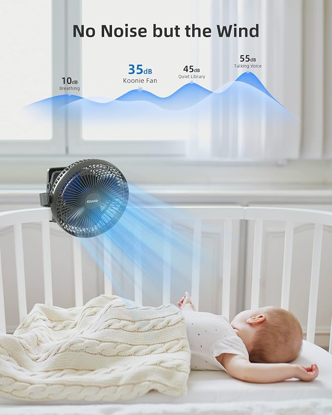 Koonie 8" Clip on Fan, 10000mAh Rechargeable Battery, Strong Airflow | 4 Speeds, Sturdy Clamp, Ideal Portable USB Desk Fan for Office, Golf Cart, Camping, Travel, Tent, Outdoor, Treadmill & Gym - Image 4