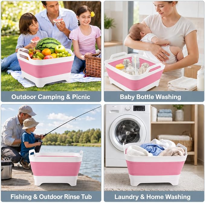 2.4 Gal(9L) Collapsible Dish Basin with Drain Plug, Space Saving Outdoor Multiuse Foldable Sink Tub, Dishpan, Kitchen Storage Tray for Camping, Vegetable Washing, RV (Pink) - Image 8