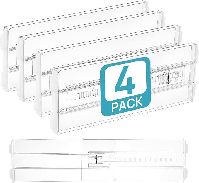 Vtopmart 4 Pack Drawer Dividers for Clothes, 4" High 10.2"-16.5" Adjustable Expandable Dresser Drawer Organizer, Clear Plastic Separators for Dresser, Baby Clothing, Underwear, Cosmetic, Toiletries | Expandable Dresser Drawer Organizer, Clear Plastic S... by Vtopmart