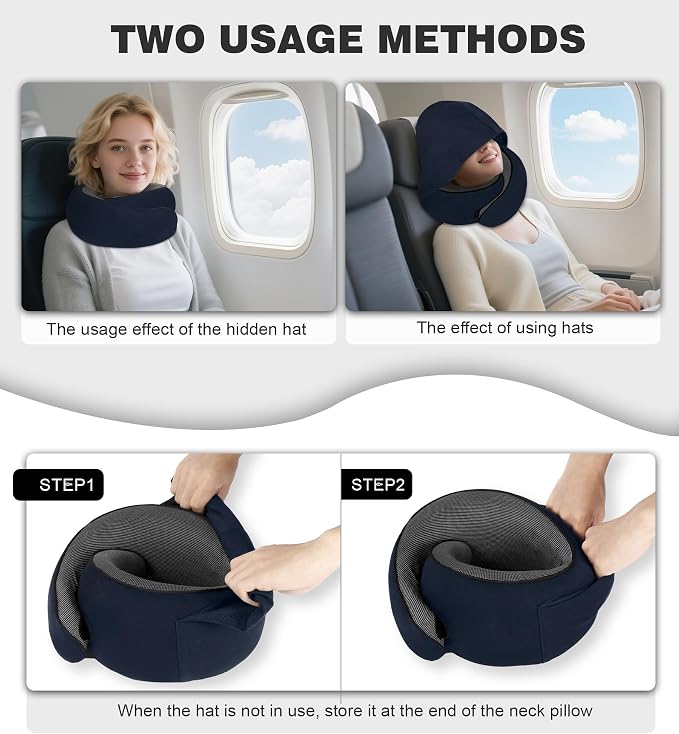 Travel Neck Pillow, Newly Upgraded Hooded Neck Pillow , 100% Pure Memory Foam Travel Pillow for Flight Headrest Sleep,Portable Aircraft Accessory,Suitable for use in Plane/Car/Office(Dark blue) - Image 4