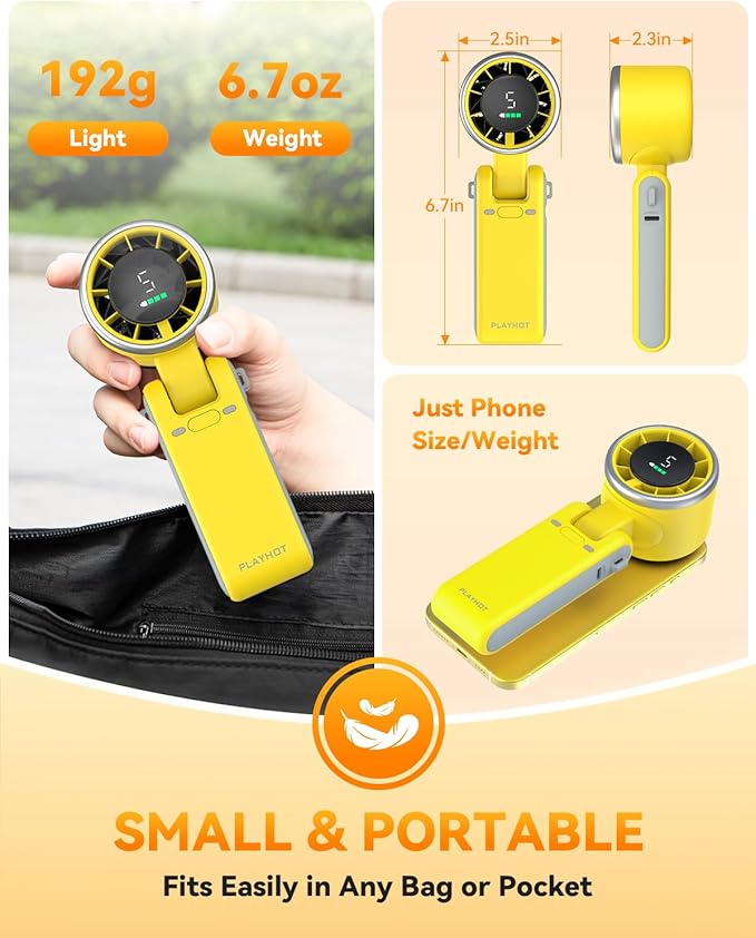PlayHot Portable Handheld Turbo Fan, Travel Essentials, Gifts for Women/Men | 5-Speed, Up to 12H, 10m/s Airflow, USB-C Rechargeable, LED Display, 3-in-1 Foldable Personal Fan for Cruise, Beach, Vacation - Image 6