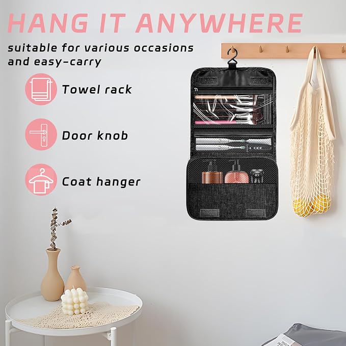 Toiletry Bag Travel Bag with Hanging Hook for Women and Men,Black | Waterproof Small Capacity Hanging Multifunctional Makeup Bag for Toiletries, Portable Cosmetic Bag Travel Organizer - Image 4