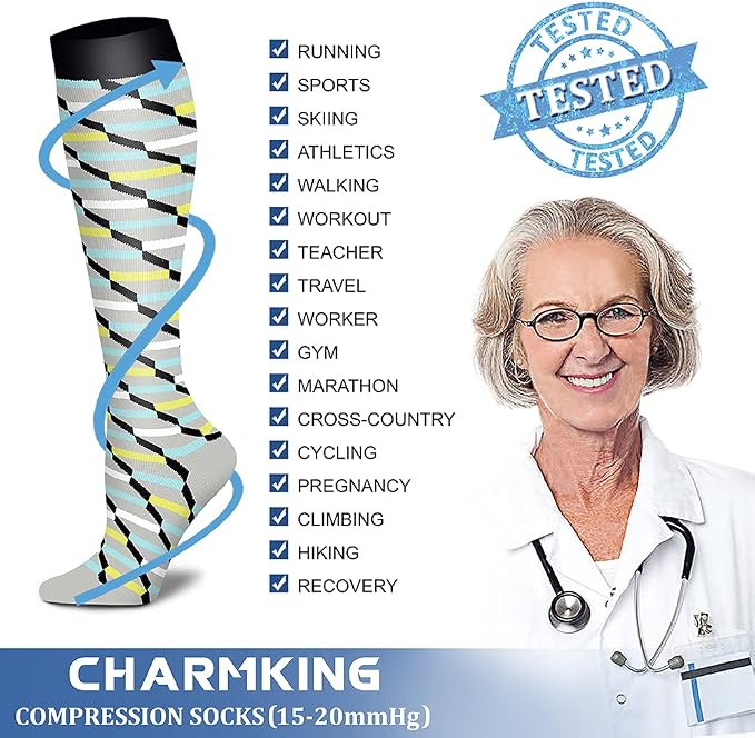 CHARMKING Compression Socks for Women & Men Circulation (8 Pairs) 15-20 mmHg Best Calf Socks Support for Athletic Cycling - Image 5