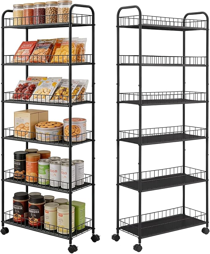 10in 6-Tier Slim Storage Cart with Wheels, Metal 10in Wide Black Narrow Rolling Shelf, Sturdy Slim Storage with Hooks Ideal for Kitchen, Bathroom, and Laundry Room by RUOZTEOO