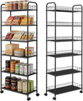 10in 6-Tier Slim Storage Cart with Wheels, Metal 10in Wide Black Narrow Rolling Shelf, Sturdy Slim Storage with Hooks Ideal for Kitchen, Bathroom, and Laundry Room by RUOZTEOO