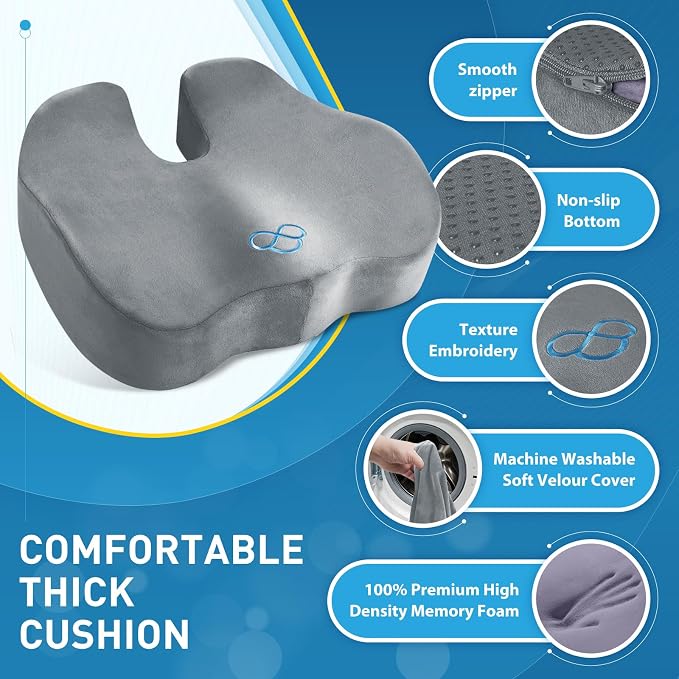 BlissTrends Thick Seat Cushion for Office Chair & Car Seat, XL, LightGrey | 5.2in Memory Foam with Removable Velvet Cover, Ergonomic Tailbone & Sciatica Support for Pressure Relief and Long Sitting - Image 4