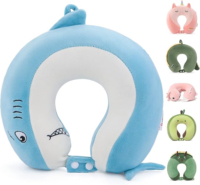 Kids Travel Neck Pillow for Ages 3-8, Memory Foam, Removable Cover, Shark | Machine washable, 13 in neck size, hidden zipper, 360-degree head and chin support, car seat and airplane use by NiuniuDaddy