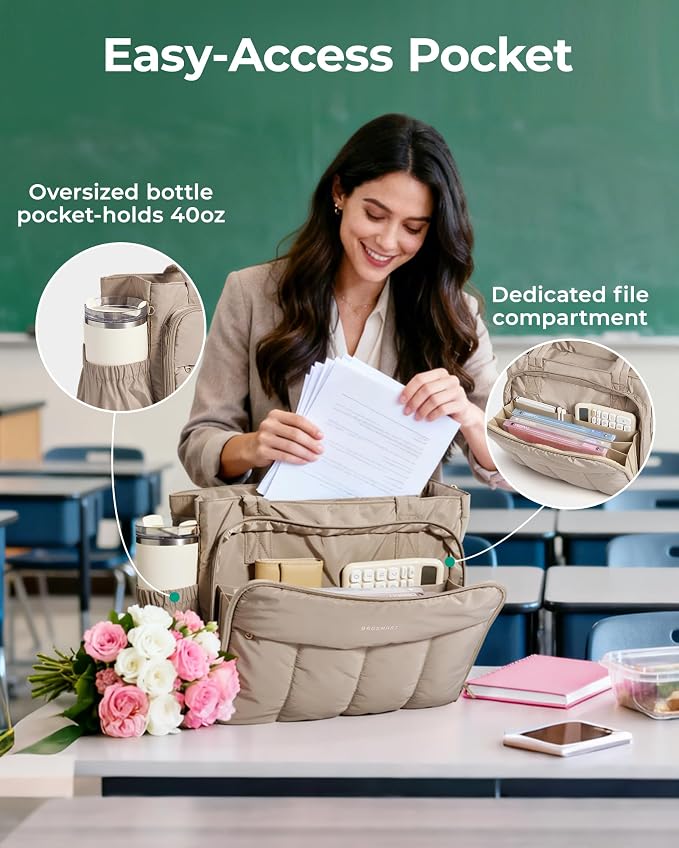 BAGSMART Tote Bag for Women, Puffy Work Tote Bag with Zipper, Quilted Large Teacher Bag for Work, Travel - Image 7