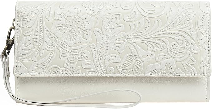 GOIACII Wristlet Wallets for Women RFID Blocking Western Clutch White | Embossed Leather, Vintage Design, Trifold, Large Billfolds, Ladies Purses with Zipper Coin Pocket by GOIACII