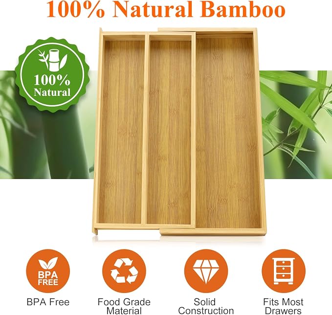Large Bamboo Kitchen Utensil Drawer Organizer Expandable Silverware Tray | Big Cooking Utensil Drawer Divider Spoon Flatware Organizer Storage Adjustable Wooden Cutlery Holder Tool Knife Spatula Tray - Image 7