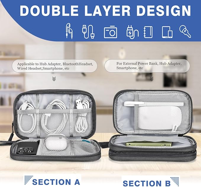 CAAORDKSO Electronics Organizer Case, Cable Organizer Bag Waterproof Electronic Accessories Carry Case with Handle for Cable, Cord, USB, Charger, Phone, Power Bank, Earphone (Dark Gray, Medium) - Image 3