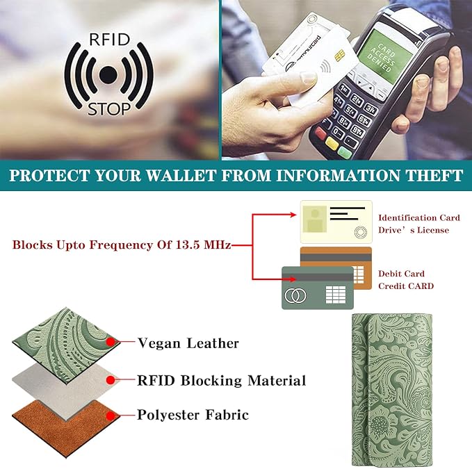 GOIACII Leather Wallets for Women RFID Blocking Western Clutch Green | Embossed Design, Trifold, Large Billfolds, Vintage Flower, Ladies Purses with Zipper Coin Pocket - Image 4