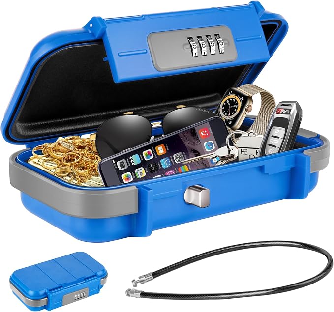 HUANLANG Portable Safe Lock Box with Combination Lock Mini Beach Travel Safe Waterproof Small Lockable Box with Removable Wire Rope Combination Safe Box for Dorm,Travel,Beach,Hotel,Car,Home,Office by HUANLANG