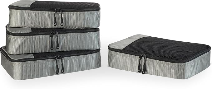 Amazon Essentials 4-Piece Packing Cubes Travel Accessories Set, Space-Saving Luggage Organizer with Double Zipper, Mesh Top Panel, Medium, Gray (Previously Amazon Basics) by AmazonEssentials