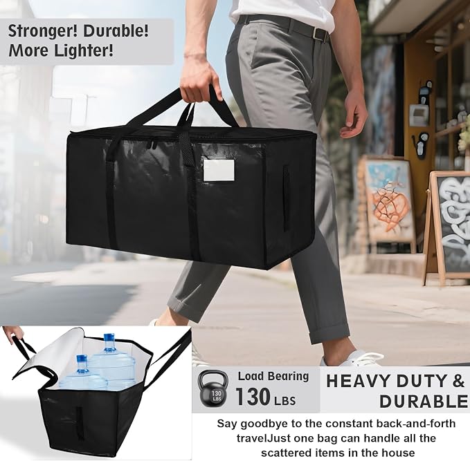 4 Pack-Extra Large Heavy Duty Moving Bags - Waterproof Storage Totes with Handles & Zippers, Foldable for College Dorm, Storage (Black) - Image 3