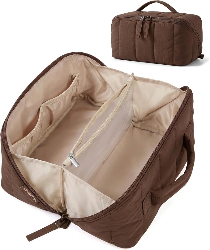 BAGSMART Women's Puffy Travel Makeup Bag, Open Flat, Coffee | Toiletry Bag, Water-resistant, Portable, Puffy Padded, Make Up Organizer, For Toiletries, Brushes by BAGSMART