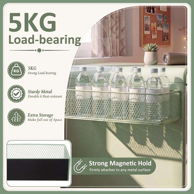 FoldTier 1 Pack Sage Green Magnetic Basket Dorm Mini Fridge Shelf Organizer Kitchen Storage Bin Container Spice Holder for Locker Refrigerator Pantry Dorm Essentials (13.8 x 3.1 x 4.9 Inch) - Image 4