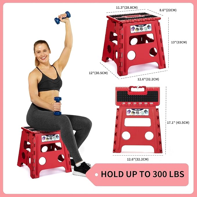 Delxo Folding Step Stool 13 Inch,300 Lbs Step Stool for Adults Red | Foldable Step Stool 13",Non-Slip Foot Stools with Handle,Lightweight Collapsible stools for Kitchen,Bathroom,Bedroom,Garden - Image 2
