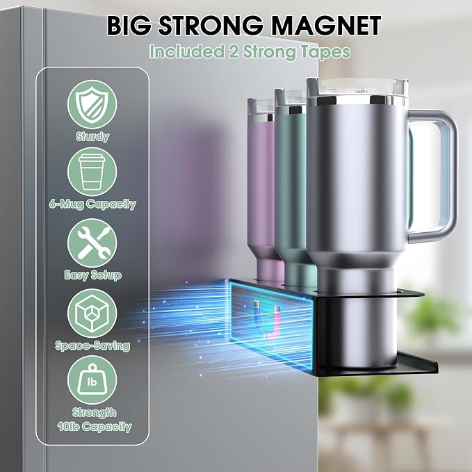 POLRAI 4 Pack Magnetic Cup Holder for Refrigerator, Water Bottle Organizer for Stanley and Tumbler, Accessory with Lid Hook Straw Holder and Double Sided Tape for Kitchen Fridge Cabinet - Image 2