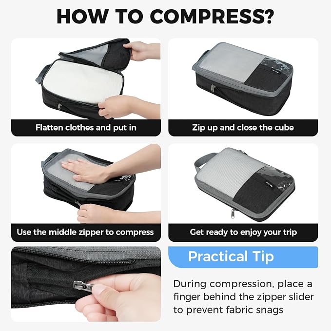 BAGAIL Lightweight Compression Packing Cubes for Travel, 6 Set, Black | Salis Nylon Fabric,Anti-Tearing,Save Space,SBS Zippers,Packing List,PVC Tag Pocket,Custom Labels,Visible Mesh,Portable Handel - Image 6