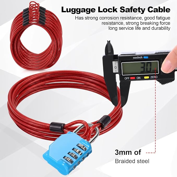 12 Pack Security Cable Luggage Lock with Loops 7 ft 3mm Braided Steel Coated Bike Cable Wire Double Loop Anti Theft Safety for U Lock, Padlock and Disc(Black,Red) - Image 4