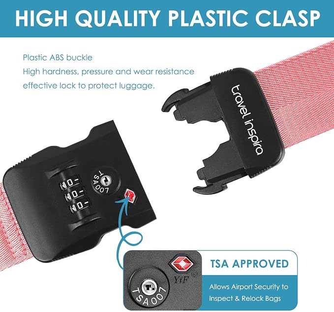 Travel Inspira Heavy Duty Luggage Straps with TSA Lock | Anti-Burst Protection; High Visibility Pink; TSA-Lock Belt with Tag; Adjustable 103-200cm; 20-28 Inch Bags; Quick Release - Image 6