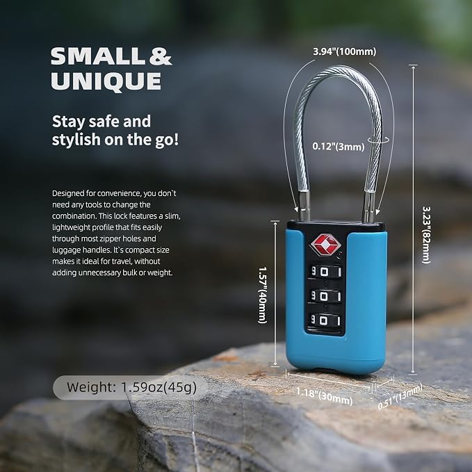 TSA Approved Luggage Locks, 3-Digit Waterproof Padlock, Combination Travel Cable Lock, Lockers, Suitcases, Toolboxes (Blue+Blue) - Image 3
