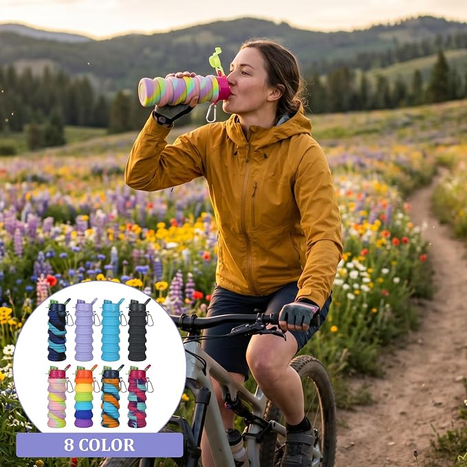 8 Pcs Collapsibles Water Bottles, 16 oz Portable Foldable | Water Bottle with Metal Clip Silicone Leakproof Travel Water Bottle Reusable Sports Waters Bottles for Travel Camping Cycling - Image 4