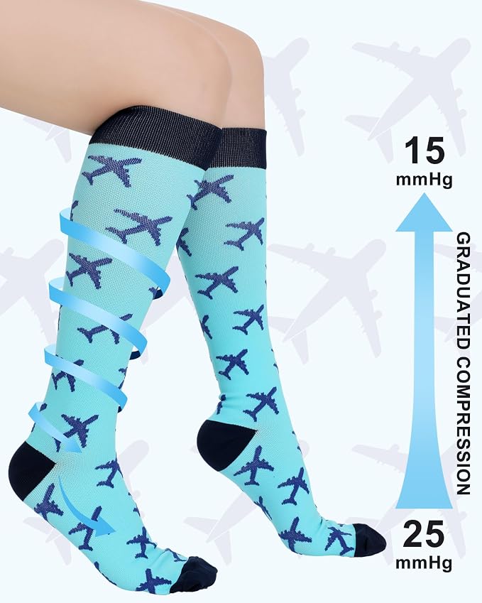 Skicuff 6 Pairs Airplane Compression Socks for Men Women 15-25 Mmhg Graduated Knee High Travel Socks for Flight Flying Pilots - Image 5