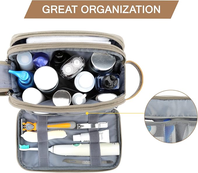 BAGSMART Toiletry Bag for Men, Canvas Travel Toiletry Organizer Dopp Kit Water-resistant Shaving Bag for Toiletries Accessories,Beige-Medium - Image 2