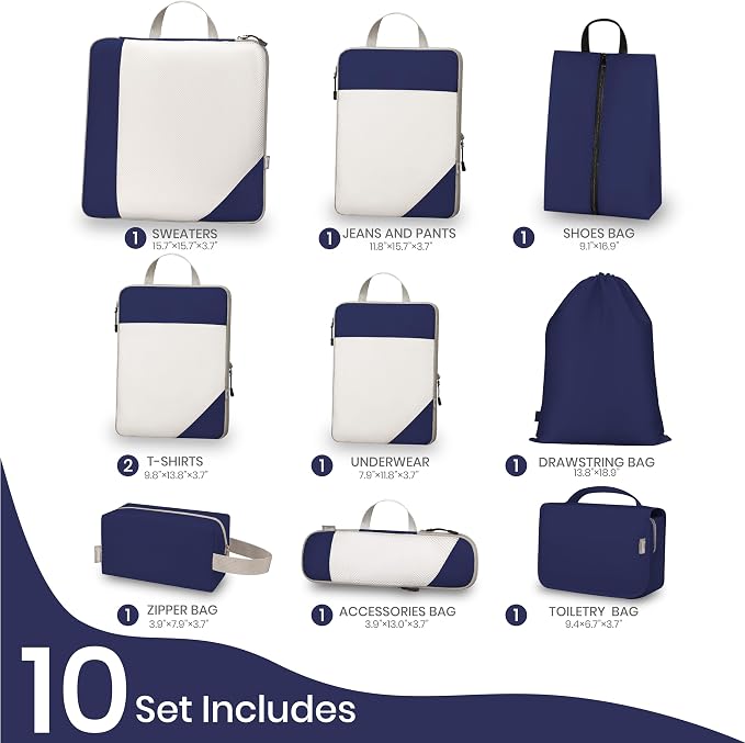 Compression Travel Packing Cubes with White Mesh, Blue, 10Pcs | Waterproof fabric and See-Through Mesh, Space-Saving Compression Organizer for Travel and Daily Clothes Storage - Image 2