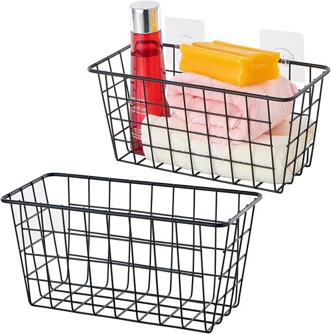 JUNCHU CHERRY 2 Pack Hanging Storage Basket, Bathroom Basket, Household Goods, with Traceless Tape, no Drilling, for Cabinet Storage, Kitchen, Bathroom, Storage Room,Black by JUNCHUCHERRY