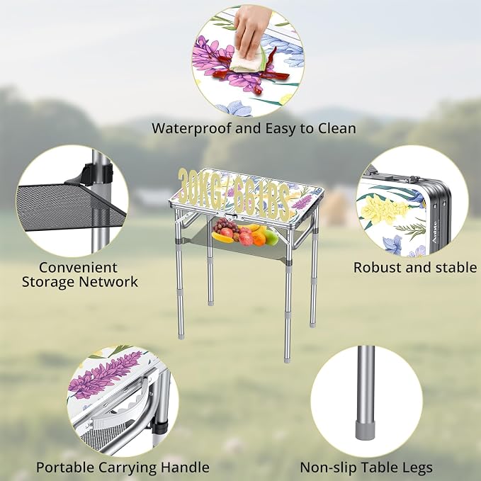 Anbte 2ft Small Folding Table, 3 Adjustable Height for Camping, 24" x 16" | Folding Camping Table with Storage Net, Lightweight & Portable with Carry Handle, for Outdoor Indoor Camping Beach RV, Floral - Image 4