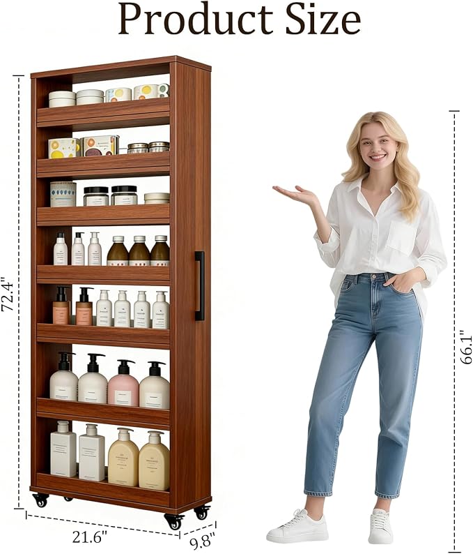 Rolling Spice Rack Next to Side of Fridge Storage Slim Narrow Shelf Lightweight 7 Tier Wooden Storage Cart for Kitchen, Dining Room, Bathroom, Small Spaces (Teak, 72.4" H x 9.8" W x 21.6" D) - Image 2