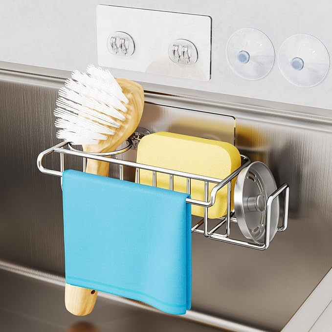 HapiRm 4 in 1 Sink Caddy Sponge Holder, SUS304 Stainless Steel Kitchen Brush Holder and Dish Cloth Hanger, Kitchen Organizers and Storage Essentials - Silver - Image 2